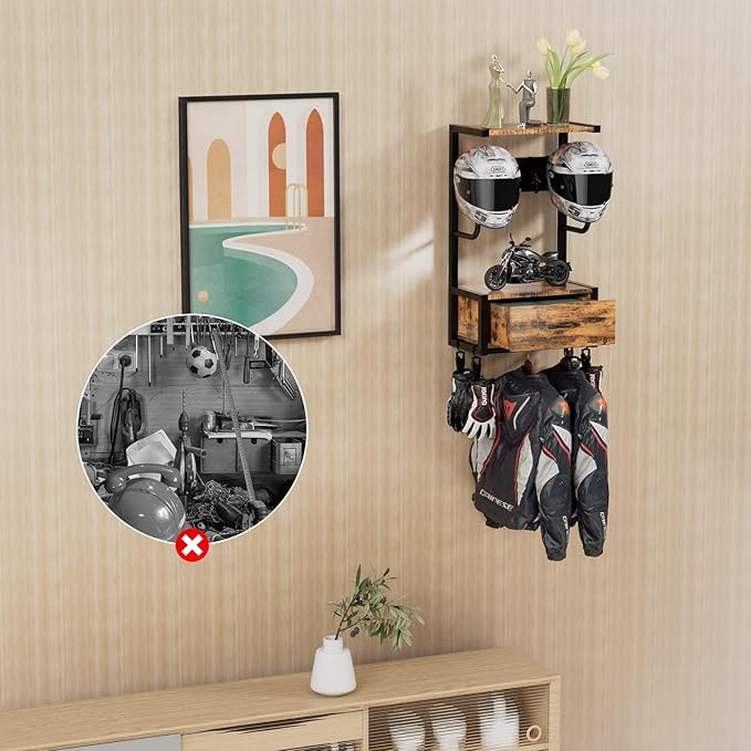 Motorcycle Helmet Holder Wall Mounted, Helmet Holder Wall Mount with Helmets Rack and Hooks for for 6 Helmets, Riding Suits & Accessories, Sturdy Construction Storage Organizer for Entryway or Garage