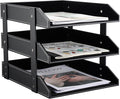 KINGFOM Letter Tray, Leather Paper Organizer Tray, Wooden Desk File Holder, Desktop File, Stackable Magazine Holder, Mail Sorter, Great for Home or Office - 3 Level Black