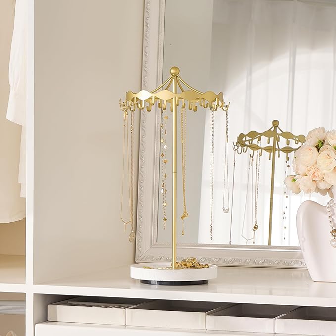 Lolalet Rotating Necklace Holder Stand with Metal Hooks, Spinning Display Carousels, Freestanding Organizer Hanger, for Long Necklaces Chains -Gold