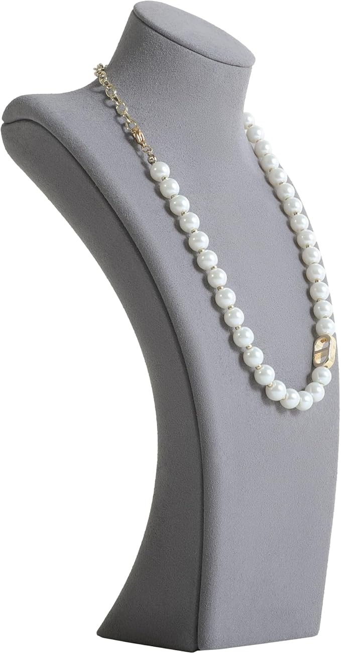 GemeShou Grey necklace storage organizer for sale, Velvet necklace holder stand, jewelry bust display stands, Jewelry Mannequin for Countertop, Showcase【Grey-Medium height 10.43 inch】