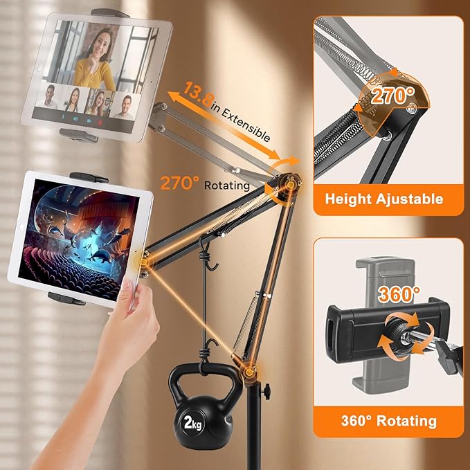 Tablet Floor Stand with 12lb Base - Adjustable Height Heat-Resistant Anti-Scratch Stretchable Swivel Holder, Compatible with iPhone iPad Pro Air Mini, Samsung, Kindle, Cell Phones 4.7"-13" - Large