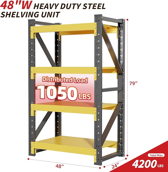 48" W Garage Shelving,4-Tier Heavy Duty Storage Shelves Unit with Adjustable Metal Shelf for Warehouse,Basement,Workshop,4200LBS,48" W x 24" D x 79" H,Black&Yellow