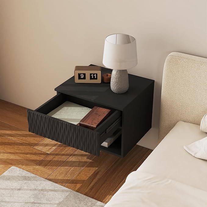 Vibe & Dine Floating Nightstand Set of 2, Wall Mounted Night Stand with Wavy Pattern Design, Modern Bedside Tables with Drawers for Bedroom, Easy Assembly, Black