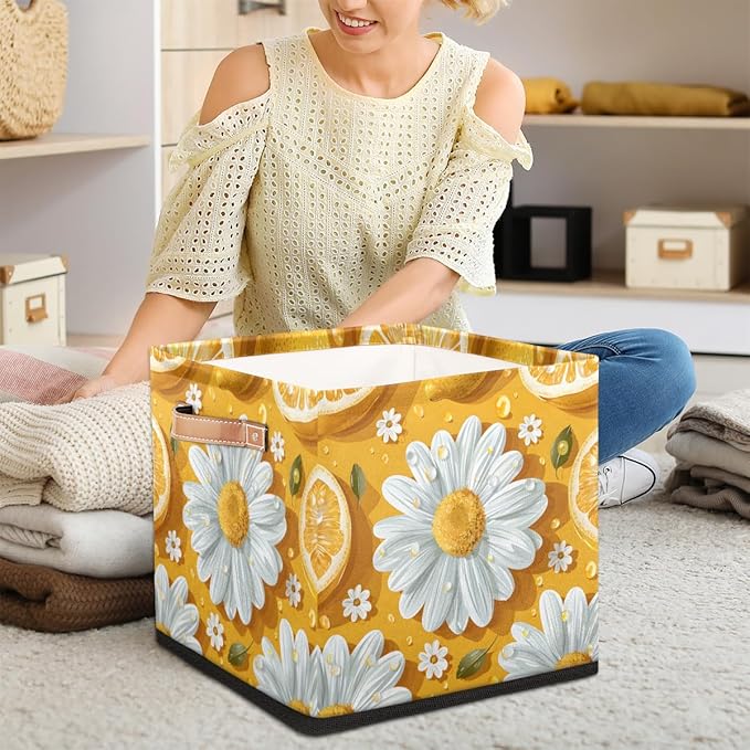 TropicalLife 13x13x13 Inch Large Fabric Storage Cube Lemon Daisy Foldable Storage Bin with Handles Organizer Boxes Cube Basket for Shelves Organizing Closet