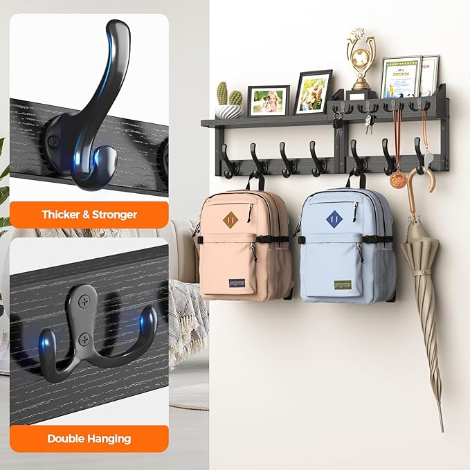 Evermagin 29" Coat Rack Wall Mount with Shelf, 4 in 1 Coat and Key Hanger with 11 Metal Hooks, Entryway Wall Mounted Shelf with Mail Holder for Living Room, Bedroom, Black