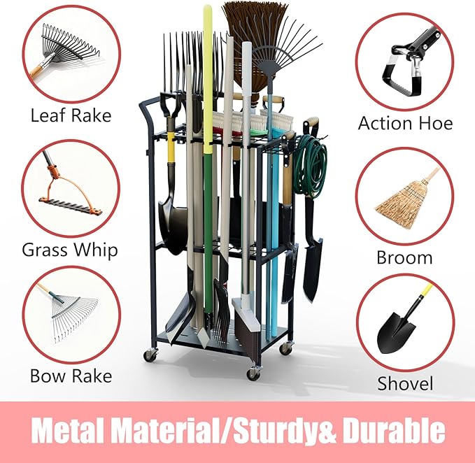 Garden Tool Organizer with Wheels, Heavy Duty Rolling Yard Tool Rack with 14 Hooks & 5 Slots, 3-Tier Metal Cart Holds 50+ Rakes/Shovels/Brooms, Mobile Lawn Storage for Garage Shed Outdoor