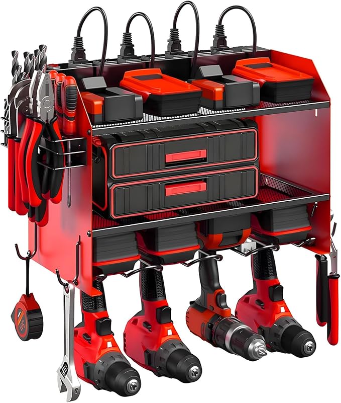 Modular Power Tool Organizer Wall Mount with Charging Station, 4-Layer Heavy Duty Drill Holder Rack & 8-Outlet Power Strip for Garage Workshop Storage