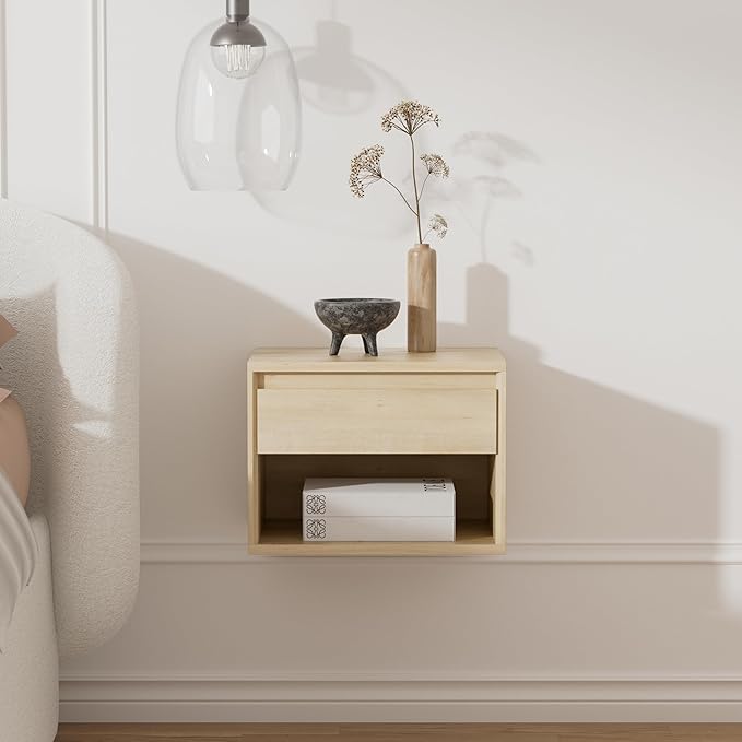 Mid Century Modern Floating Nightstand Set of 4, Wall Mounted End Table with Drawer and Open Compartment Wooden Bedside Night Stand Small Storage Cabinet for Bedroom, Light Oak