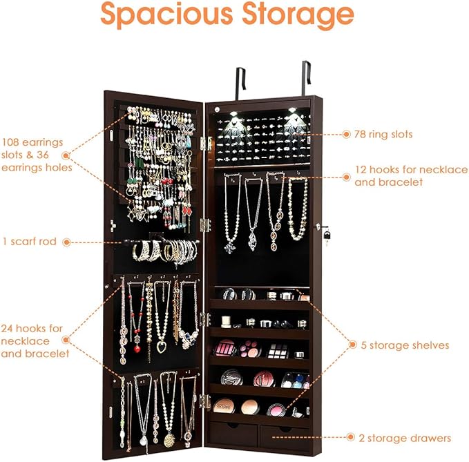 Giantex Jewelry Armoire Wall Door Mounted, Lockable Jewelry Cabinet with 42.5'' Full Length Mirror, 2 LEDs Jewelry Organizer Box with 2 Drawers, Mirror with Jewelry Storage (Espresso)
