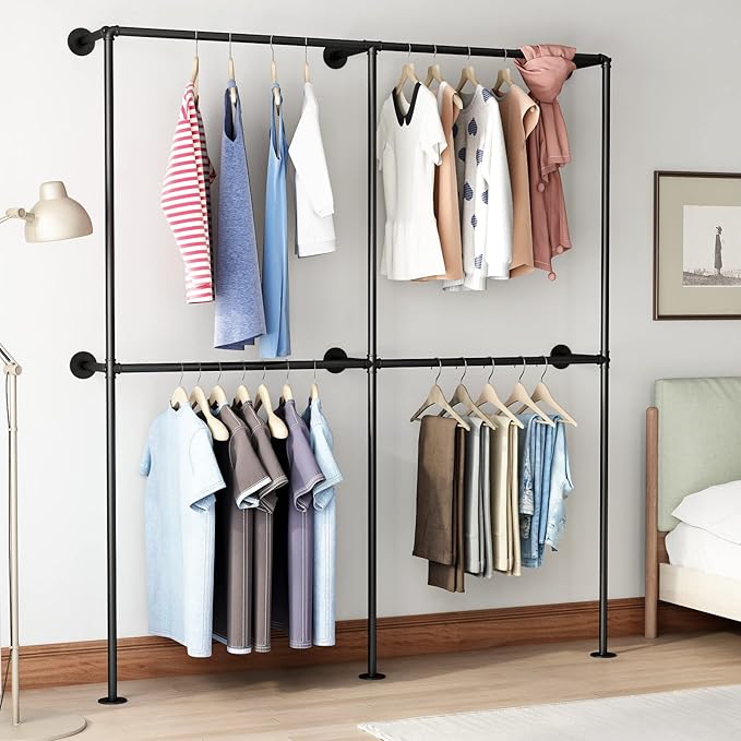 Industrial Pipe Clothing Rack Wall Mounted Garment Rack, Black Pipe Clothes Racks Retail Display Hanging Rod for Closet Storage, Laundry Room