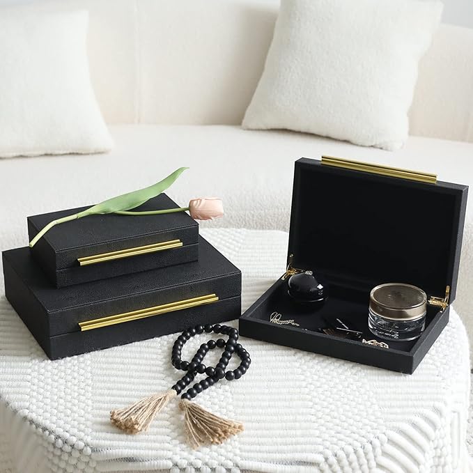 Faux Shagreen Leather Jewelry Storage Boxes Set of 3 with Gold Handles, Velvet Lined Stackable Organizer for Women, Vanity, Dresser, Gift, Black