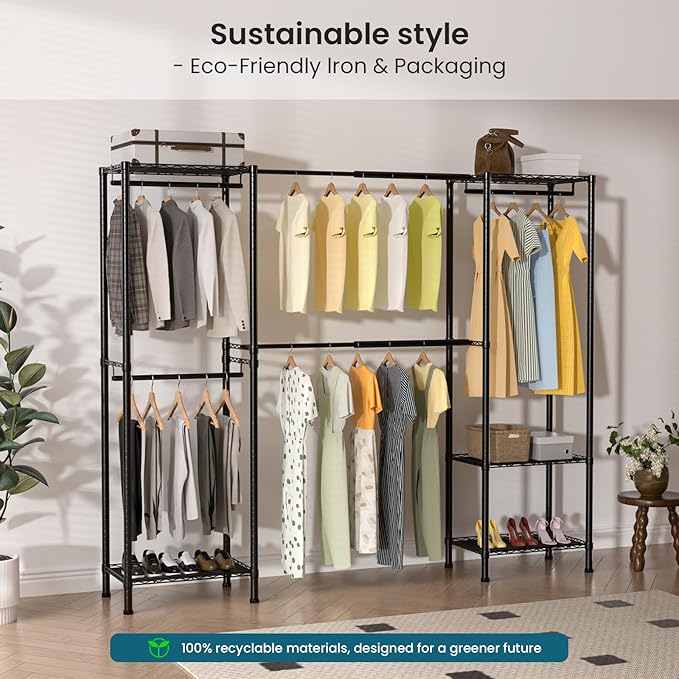 Metal Garment Racks Heavy Duty Clothes Rack Adjustable Freestanding Expandable Industrial Pipe Clothing Rack for Hanging Clothes - 70" L x 16" W x 76.7" H, Black