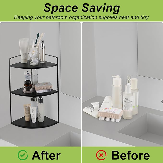 3 Tier Corner Bathroom Counter Organizer, Countertop Organizer, Vanity Organizers, Bathroom Storage Sink Shelf, Wooden and Metal Counter Shelf, Corner Counter (Black)