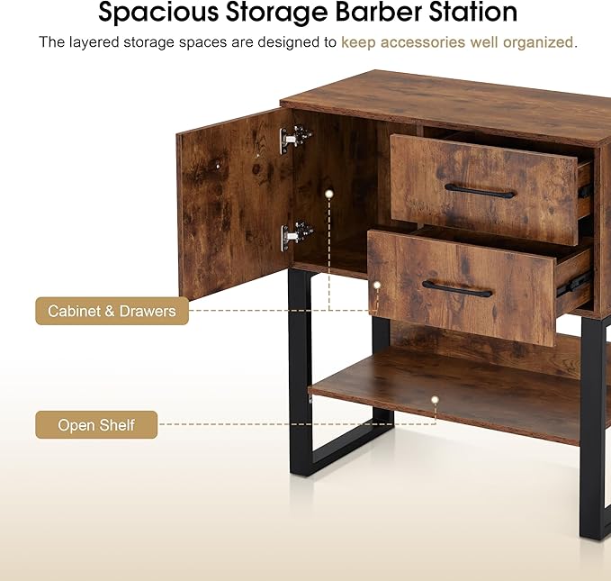 BarberPub Styling Barber Station, Wall Mount Storage Cabinet, Salon Equipment for Hair Stylist, Spa Beauty Makeup Organizer, Bathroom Dresser with Drawers & Shelf 3185 (Brown & Black)