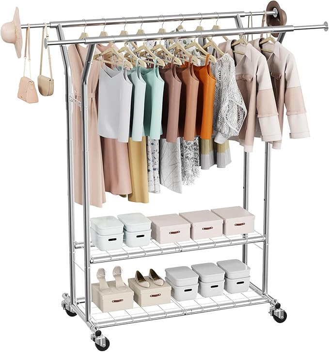 VEVOR Clothes Rack, Rolling Clothing Garment Rack, Extendable Carbon Steel Clothing Racks with Wheels for Bedroom, Laundry, Living Room