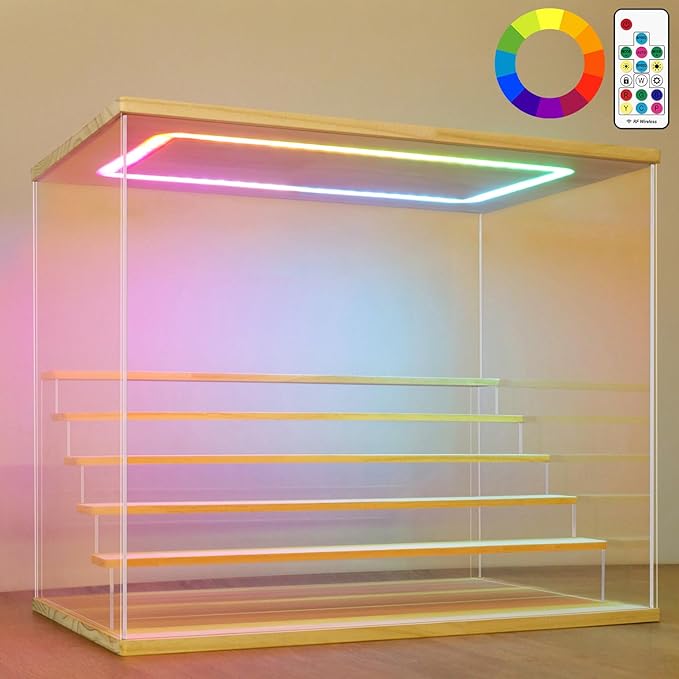 NONEMEY Clear Acrylic Display Case with Light ,3/4/5/6 Tier Multiple Color Lights via Remote Control Dustproof Display Box for Collectibles Figures Mini Toys (6 Tiers 19.6 * 12.5 * 16.5inch)
