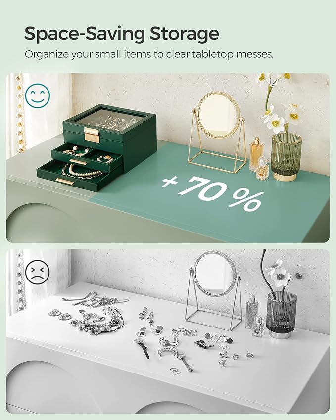 SONGMICS Jewelry Box Organizer with Glass Lid, 3-Layer Jewelry Storage, with 2 Drawers, Modern Style, Christmas Gift, 8 x 9.1 x 5.3 Inches, Forest Green and Gold Color UJBC239C01