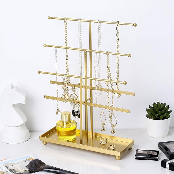 MyGift 5-Tier Gold Metal Jewelry Organizer Stand with Earring Hooks & Ring Tray - T-Bar for Tangle-Free Necklace Bracelet Display - Home Store Boutique (16.25" H)