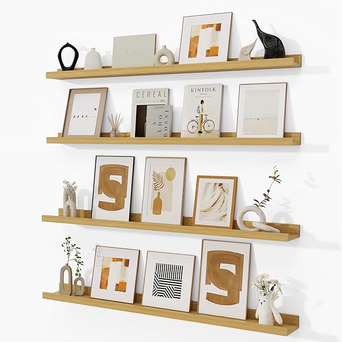 Fun Memories Picture Ledge Shelf, Floating Shelves Set of 4, 40 Inch Picture Shelves for Wall with Ledge, Large Nursery Book Shelf for Toys Storage, Living Room, Bedroom Decor Frames, Oak
