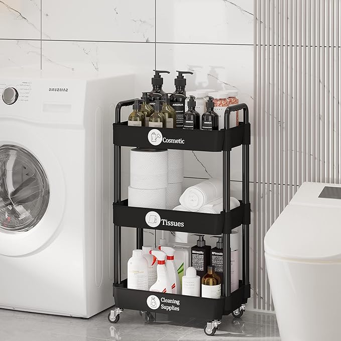 Laiensia 3-Tier Storage Carts,Multifunction Utility Rolling Cart Kitchen Storage Organizer,Mobile Shelving Unit Cart with Lockable Wheels for Bathroom,Laundry,Living Room,With Classified Sticker,Black