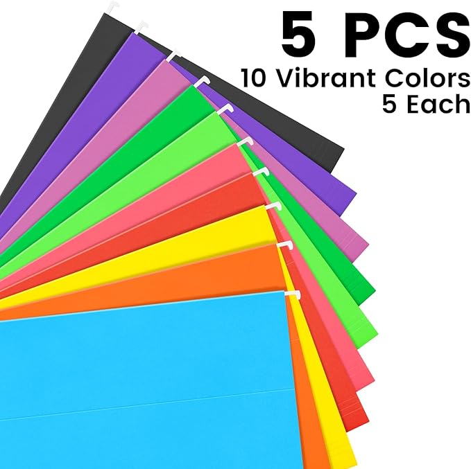 50-Pack Assorted Hanging File Folders, Letter Size with 55 Transparent Label Cards, 60 Sticker Labels,1/5-Cut Tabs–Home Office & Filing Cabinets
