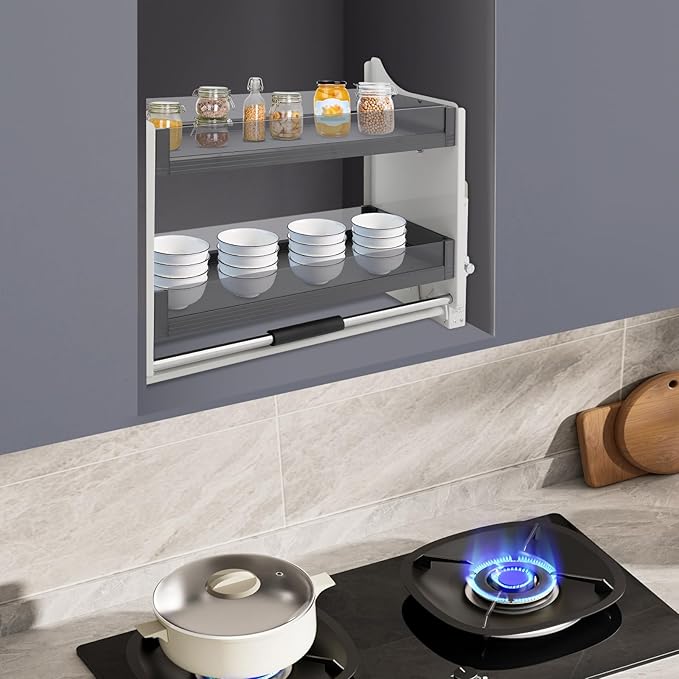 2 Tier Kitchen Cabinet Pull Down Shelf Storage, Pull-down Shelf for Kitchen Upper Cabinets, Upper Cabinet Pull Down Spice Racks for Kitchens, Living Rooms