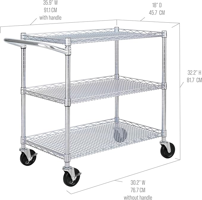 Seville Classics UltraDurable NSF Commercial Heavy Duty Metal Rolling Utility Cart, w/ Steel Shelves, Handle Bar for Restaurant, Garage, Warehouse, Kitchen, Office, Top Shelf (36"W x 18"D)