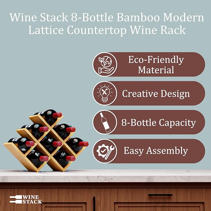8 Bottle Bamboo Small Wine Rack for Countertop, No Tools Assembly, Modern Lattice Design, Durable, Wine and Liquor Bottle Storage for Small Spaces