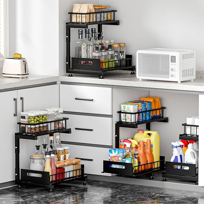 Under Sink Organizer, 2-Tier Pull Out Cabinet Drawer with Adjustable Height 13.7-17.1", Kitchen Bathroom Storage Rack, Heavy Duty Metal Sliding Basket Shelf