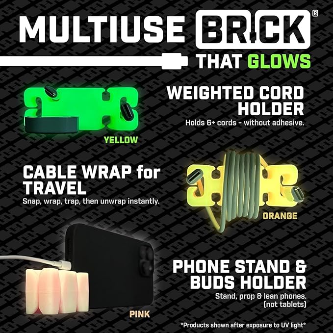 GlowBrick Stocking Stuffers for Adults Cord Management Weighted Cord Holder Cable Wrap Phone Stand - Glow-in-The-Dark Gadget Organizer for Nightstand. Gift for Men, Silicone. 2pk Glowing Pink
