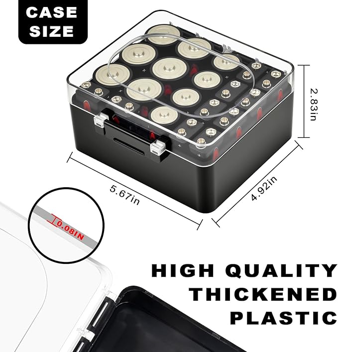 FULLCASE Battery Storage Organizer Box, Holder Container for 20 C D 9V Batteries, Plastic Home Batteries Variety Pack Protective Organization(Case Only) Black