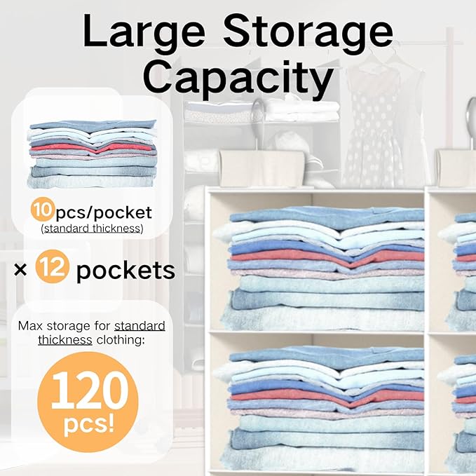 Dual-Row Hanging Closet Organizer – Foldable Clothes Storage Shelves with 3 Hooks, Space-Saving Wardrobe Organizer for Dorm Rooms, Bedroom or Closet (White, 6 Tier)