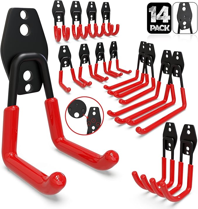 3-H Garage Wall Hooks 14 Pack,Garage Hooks Heavy Duty with Extra Welding Spots,Garage Hooks for Hanging,Garage Organizer for Garden,Lawn,Yard Tools,Chairs,Ladders,WeedEater,Shovel,Blower(Red)