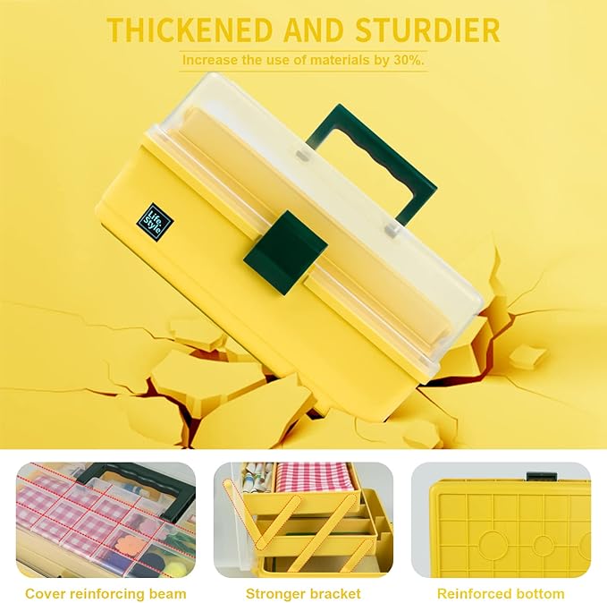 Creahaus 13 inch Art Craft Organizer Storage Box with 3 Layer, Multipurpose Plastic Tool Box with Handle for Sewing, Art Supply, Medicine, Nail, Hair Accessories (Yellow)