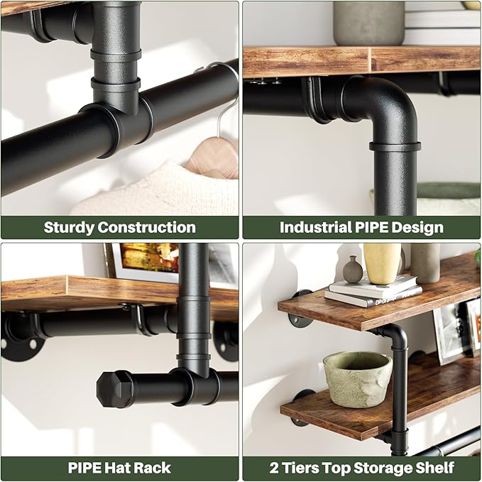 Aheaplus Industrial Pipe Clothes Rack with Top Shelf, 47In Space-Saving Wall Mounted Clothing Rack, 2 Tiers Heavy Duty Pipe Clothing Shelves with Hanging Rod for Laundry Room, Closet, Rustic Brown