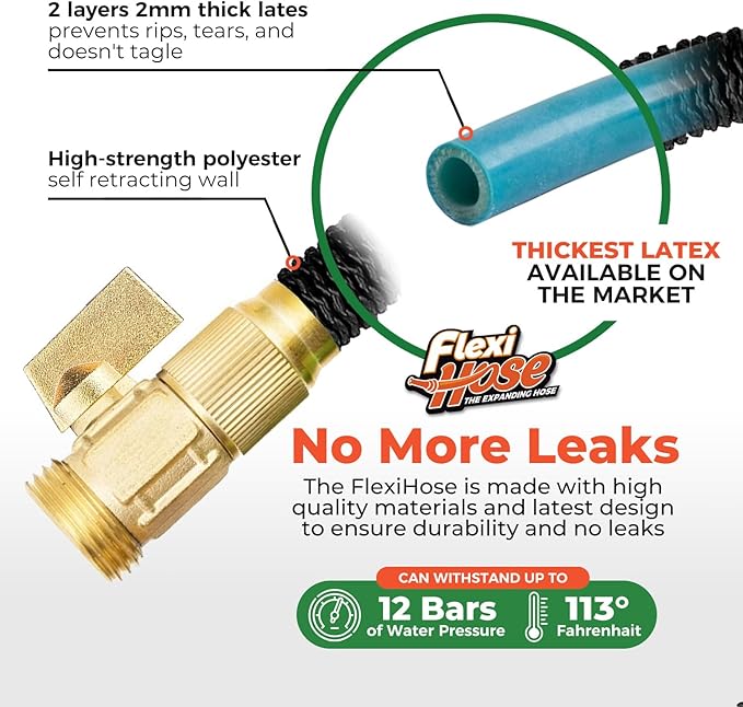 Flexi Hose Lightweight Expandable Garden Hose, 75FT -Retractable Garden Hose, Water Hose - No-Kink Flexibility, 3/4 Inch Solid Brass Fittings and Double Latex Core