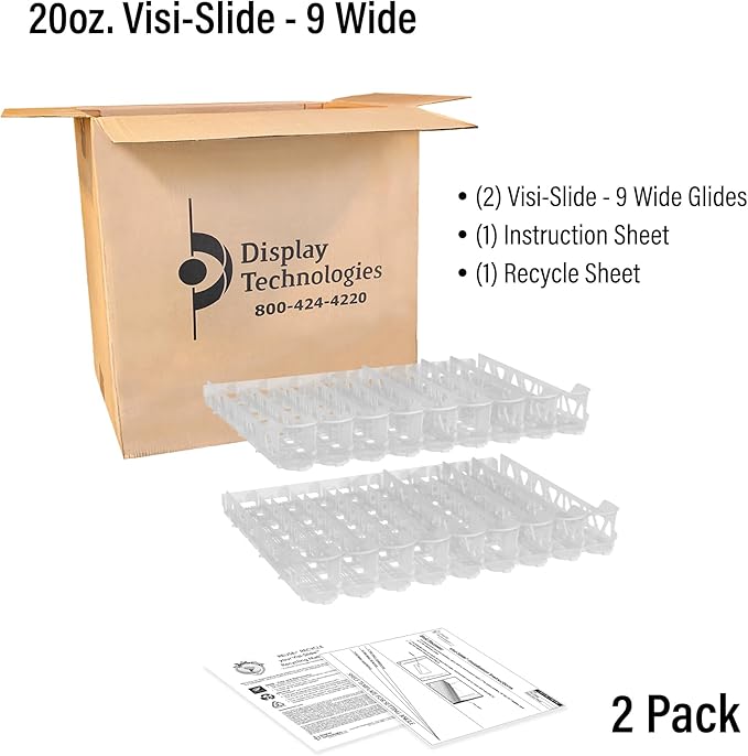 Visi-Slide 20oz Soda Beverage Dispenser - Gravity Fed Glide for Angled Shelves for Coolers, Commercial Refrigerators, Cold Vaults (Pack of 2) Drink Dispenser and Organizer for Cans, Bottles and More