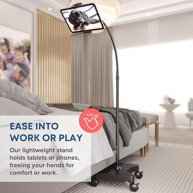 LEVO Adjustable Height Floor Stand on Wheels for Tablet & Phone - Gooseneck Holder Mount with Stable Base - Compatible with All Cell Phones & Tablets (4-13 inch) - Black with Casters