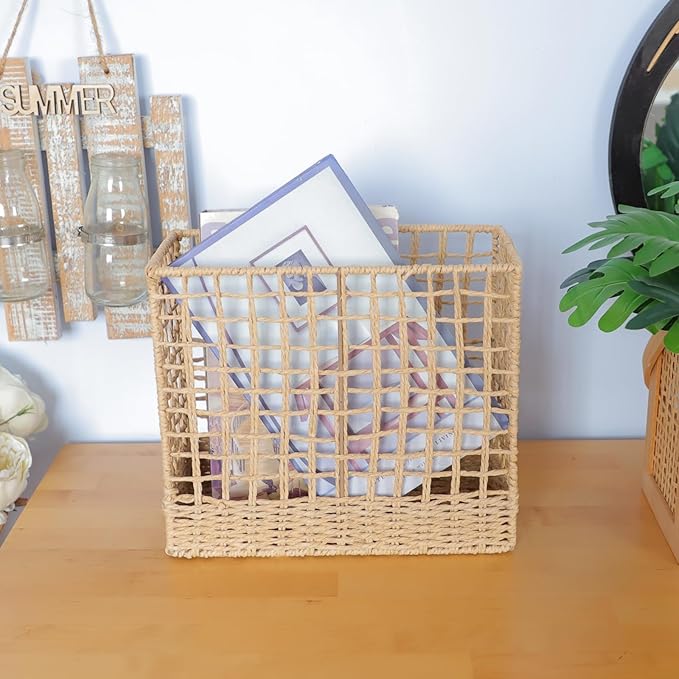 YRMT Magazine Holder Paper Rope Woven Storage Basket for Magazines, Newspapers, Books Decorative Folder Organizer Bin for Home Office