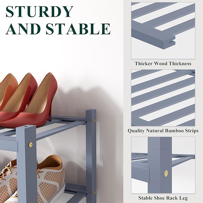 Smiry Bamboo Shoe Rack for Closet, 3 Tier Small Wooden Stackable Shoe Organizer, Free Standing Shoes Storage Shelf for Entryway, Front Door Entrance, Grey