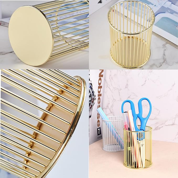 Gold Metal Pen Holder Cup for Desk Makeup Brushes Pencil Holders Home Office Organizer