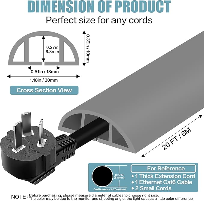Floor Cord Cover Self Adhesive Cord Hider,20FT Cable Management, Extension Strip Protector for Wires, Prevent Cable Trips for Offices, Gyms, Exhibitions Cavity:0.39"(W) x 0.27"(H) Gray