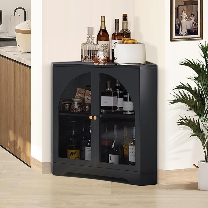 31.5" Mid-Century Modern Small Coner Storage Cabinet, Black Coner Cabinet with Arched Acrylic Mullion Door & Adjustable Shelf for Living Room, Bathroom, Kitchen Coofee Bar (Black)