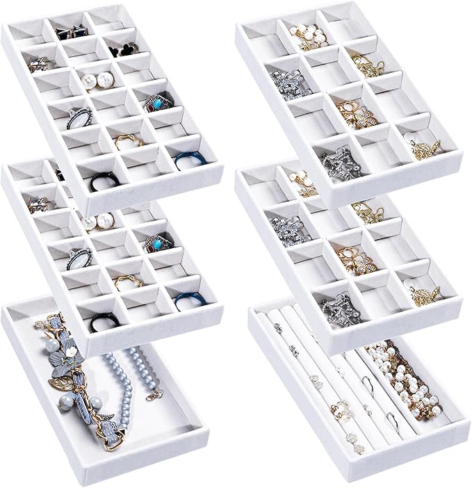 Frebeauty Jewelry Organizer Tray,Stackable Velvet Jewelry Trays,Drawer Inserts Earring Organizer For Women Jewelry Storage Display Case for Rings Stud Necklaces,Set of 6(White)