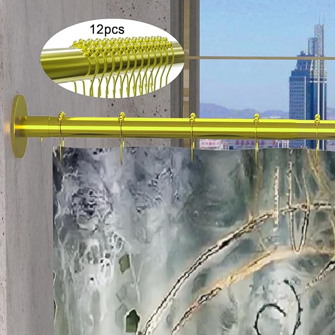 Corner Shower Curtain Rod Adjustable Stainless Steel L Shaped Rack Drill Free Install for Bathroom, Bathtub, Clothing Store (Gold 27.55"-39.37" x 47.24"- 65")