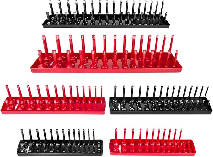 6PCS Socket Organizer Tray Set, Red SAE & Black Metric Socket Storage Trays, 1/4-Inch, 3/8-Inch & 1/2-Inch Drive Deep and Shallow Socket Holders for Toolboxes