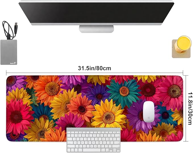 Colorful Floral Mouse Pad – Large Extended Desk Mat 31.5 x 11.8 in– Bright Rainbow Sunflower Design, Non-Slip Rubber Base, Waterproof Surface, Oversized Keyboard & Mouse Pad for Office or Gaming