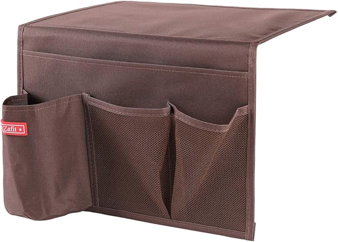 Bedside Storage Organizer - Table Cabinet Organizer Caddy for Remotes, Phone, Glasses (4 Pockets - Coffee)