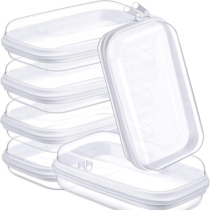 Sanwuta 6 Pcs Clear Hard Zipper Case Hard Plastic Zipper Pouches Transparent Makeup Bag Pencil Pouches for Travel Snacks Christmas Trinket Storage Organizer Box(White,7.48 x 3.94 x 2 Inch)