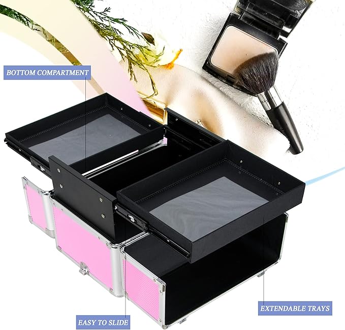 Ver Beauty Makeup Organizer, Cosmetic Travel Kit, Makeup Artist Supplies, 2 Sliding Trays, Lockable Storage Box, Makeup Train Case, Aluminium Case, Lightweight Makeup Vanity (Pink Stripes)